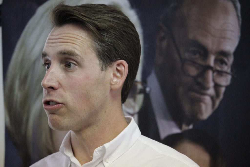 Then a candidate for Senate, Sen. Josh Hawley speaks at a campaign stop in Ballwin in 2018. Hawley went on to defeat incumbent Claire McCaskill, a Democrat.