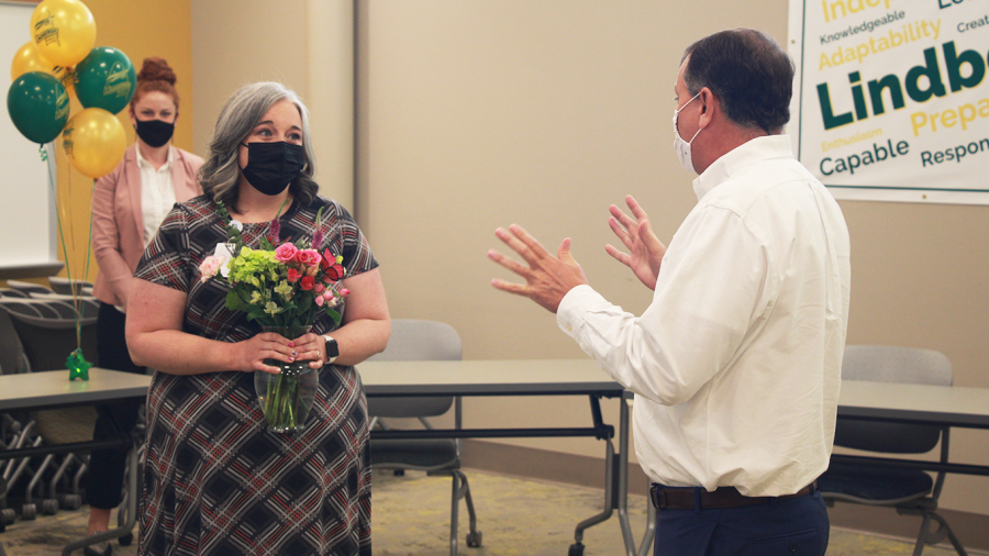 Lindbergh Schools Lead Nurse Jessica Franklin is the district's 2021 Support Staff Person of the Year. Superintendent Tony Lake surprised her with the announcement Tuesday, April 27, 2021.