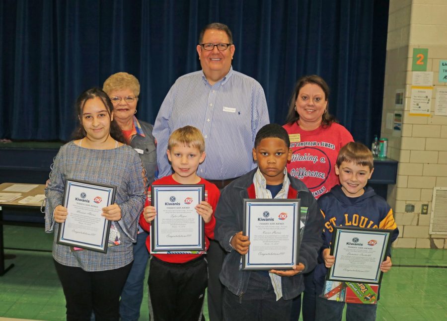 Beasley Elementary Terrific Kids October 2018: Pictured in the front row are, left to right: Mariam Aburas, Tyler Hayes, Xavier Harris and Dominic Castaldi.  In the second row are Kiwanians Pauline Roth, Roy Wunsch and Beasley Principal Andrea Deane.