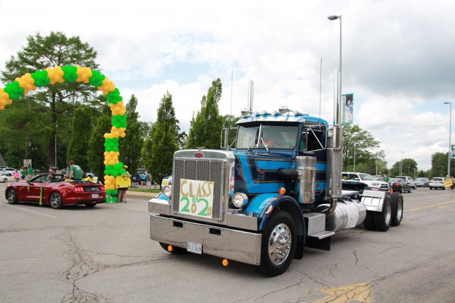 Patrick Bruno drives a big rig in Lindbergh High School's socially distanced parade for 2020 graduates.