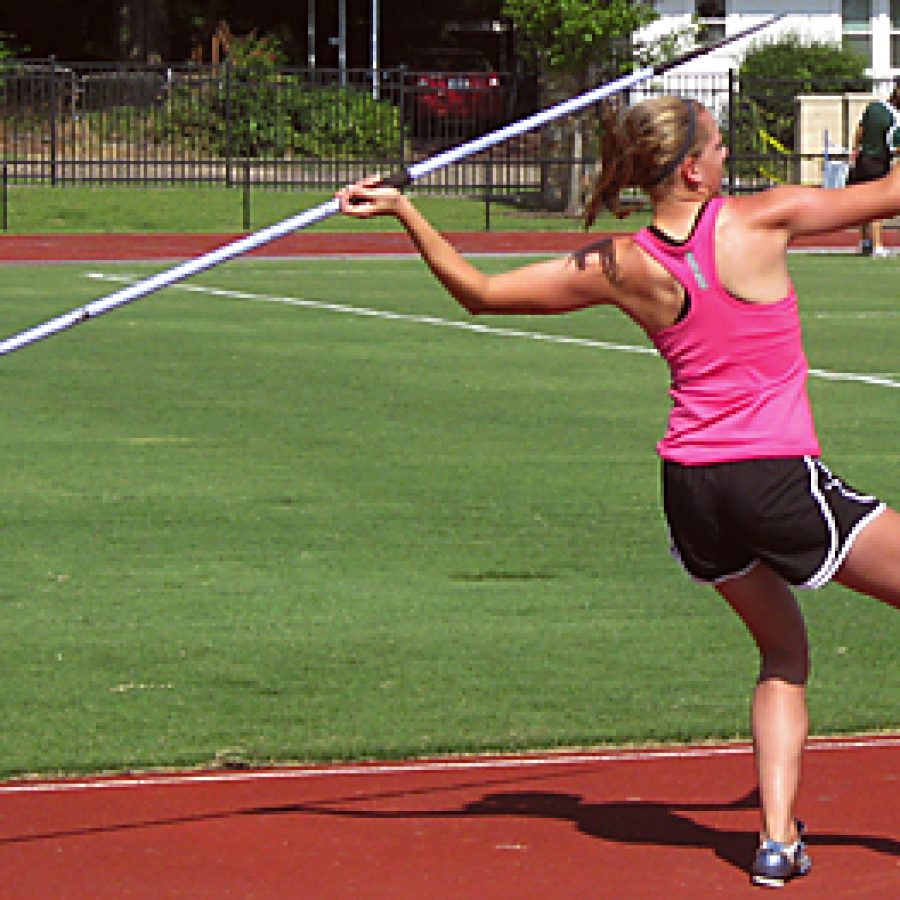 Lindbergh High School sophomore Anne Massey competes in the javelin event at the USATF Region 9 Junior Olympic Track and Field Championships July 14 in Tulsa, Okla. Anne placed first overall in the heptathlon.