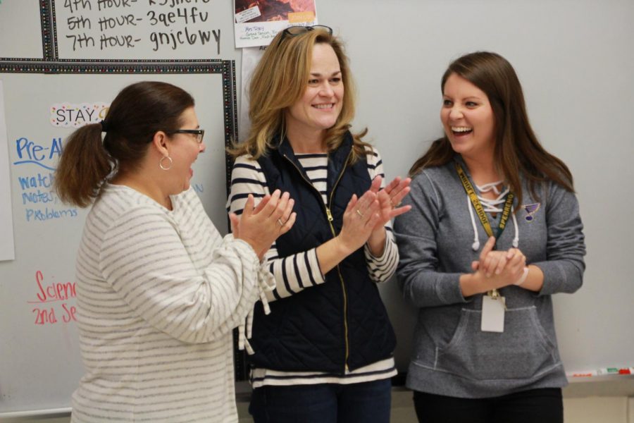 The Lindbergh Schools Foundation surprised (L-R) Shelli Manley, Julie Roy and Kristen Macke of Sperreng Middle School on Friday, Jan. 4 with a 2018 Spirit of Lindbergh teacher grant.