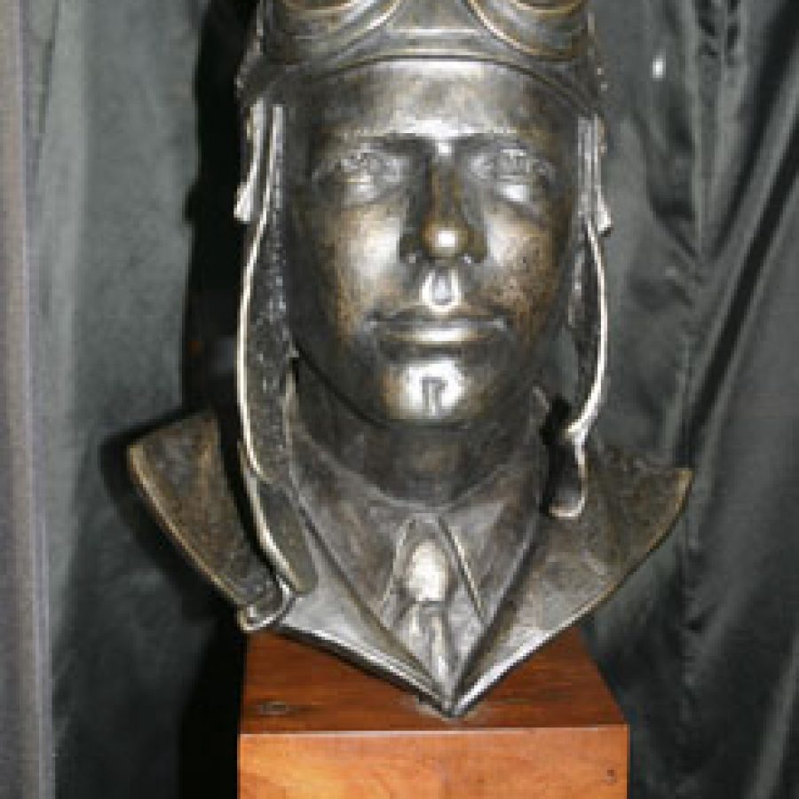 This sculpture depicting Charles A. Lindbergh at age 25 was created by artist Don Wiegand.