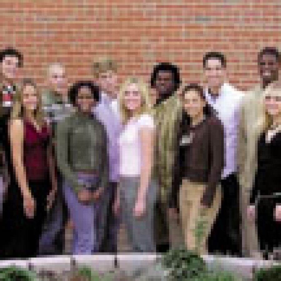 Nominated for Mehlville Senior Highs 2003 Homecoming Queen, front row, from left, are: Megan Ess, Gretchan Hearst, Teair Arms, Mandie Ess, Valerie Pappademos and Amanda Pope. Nominated for the 2003 Homecoming King, back row, from left, are:  Tim Suntrup, Eric Tripp, Ryan Burke, Rickey Giles, Josh VonderHaar and Grant Williams.