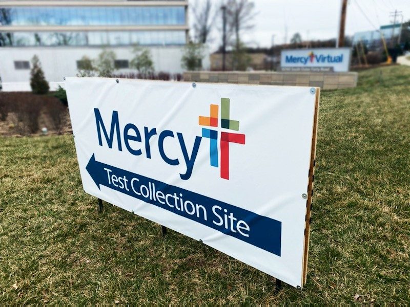 A sign points to the Mercy drive-thru testing site in Chesterfield. Mercy has also opened two sites in Jefferson County. 