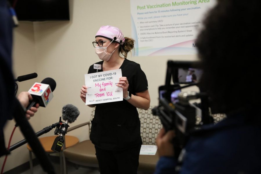 Intensive care nurse Nicole Boyer speaks with reporters after being one of the first 20 nurses at Mercy Hospital South to receive the COVID-19 vaccine Monday, Dec. 14, 2020. Boyer, who works in the ICU, has seen the worst of the worst of COVID-19 cases. 