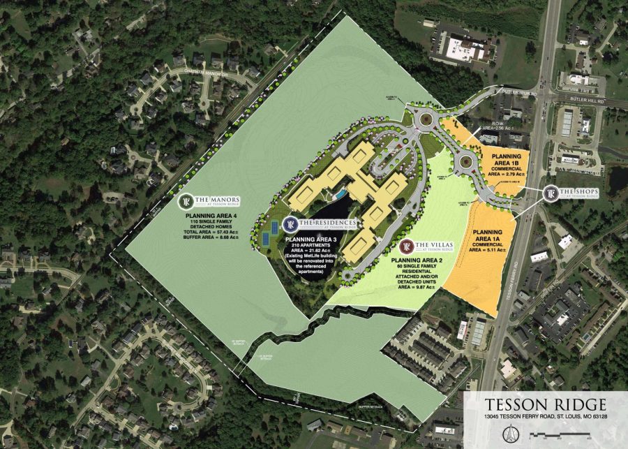 Above is a rendering of the 100-acre proposed redevelopment Tesson Ridge, consisting of more than 100 single-family homes and villas, a 210-unit apartment complex and 8 acres of commercial sites. 