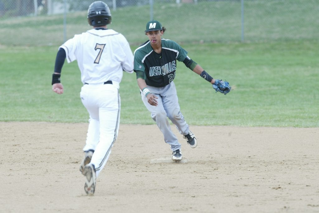 Mehlville+shortstop+Christian+Harvey+forces+Oakville+runner+Joey+Giunta+at+second+base+in+the+early+innings+of+a+5-0+Oakville+win+last+Thursday+evening.+Photo+by+Bill+Milligan.+