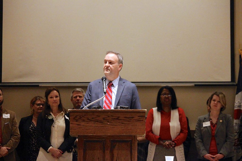 County Executive Sam Page formally announces that he will run to maintain his seat in 2020 at a campaign kick-off event in Bridgeton Nov. 21, 2019. Those in attendance at the event included Rep. Doug Beck, D-Affton, and councilwomen Lisa Clancy, who represents the 5th District, and Rochelle Walton Gray, who represents the 4th District. Photo by Erin Achenbach. 