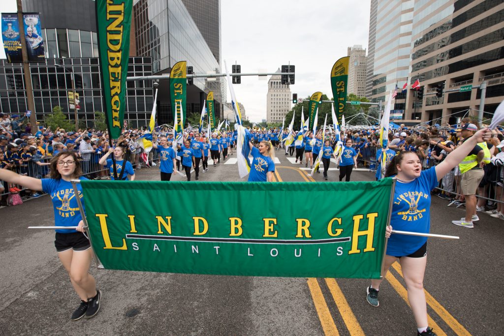 Lindbergh High School’s Spirit of St. Louis Marching Band, Lindbergh Flyerettes and cheerleaders opened the Stanley Cup Parade in downtown St. Louis in June 2019.  
Lindbergh High School and Oakville High School were the only two schools to march in the parade. Photo courtesy of Trevor Collis. 