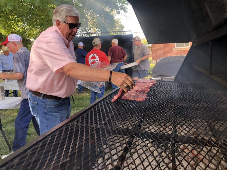 Gov. Mike Parson posted this photo to his Twitter account July 11 showing him attending a crowded barbecue in Sedalia with no social distancing or masks. 