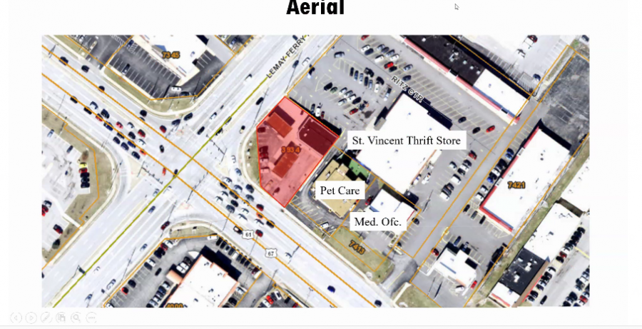 The Planning Commission showed this aerial view of the proposed site at the corner of South Lindbergh Boulevard and Lemay Ferry Road at the commissions March 8 meeting. 