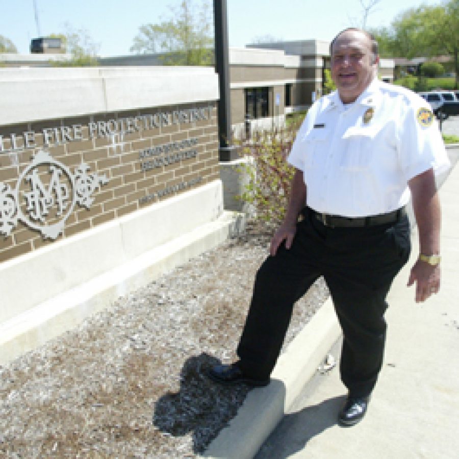 Ray Haddock stands in front of the Mehlville Fire Protection Districts headquarters last Friday, his last day of active duty as the districts chief.