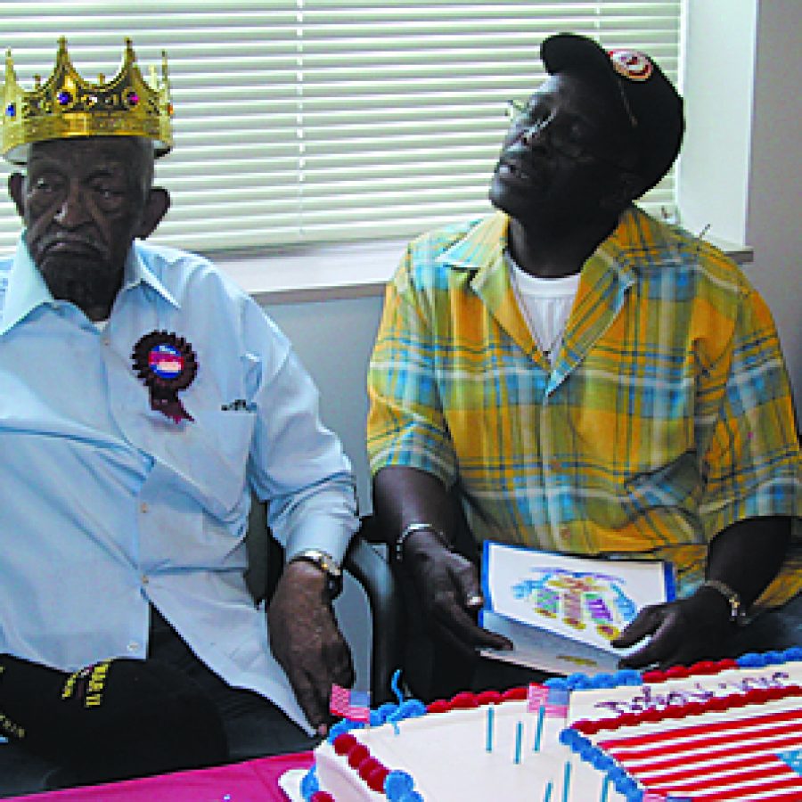 James A. Rogers is shown with his son Charles at his 100th birthday celebration on June 19 at the St. Louis VA Medical Center at Jefferson Barracks. Maggie Menderski photo