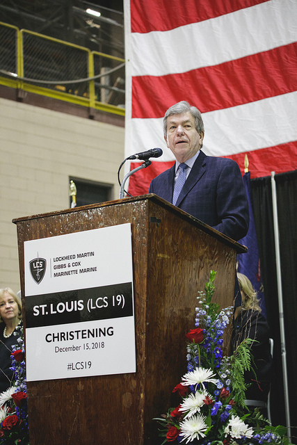 U.S. Senator Roy Blunt of Missouri speaks at the December 2018 christening of the USS St. Louis in Wisconsin.