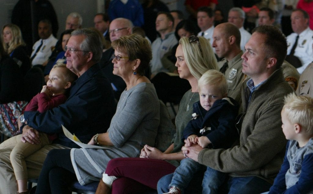 Officer Blake Snyder's father, mother, wife, son and other family members attend a dedication at the Affton Fire Protection District for the new Officer Blake Snyder Memorial Highway on Oct. 27, 2018. Snyder was killed over two years ago while responding to a domestic disturbance call in Green Park. Photo by Erin Achenbach.