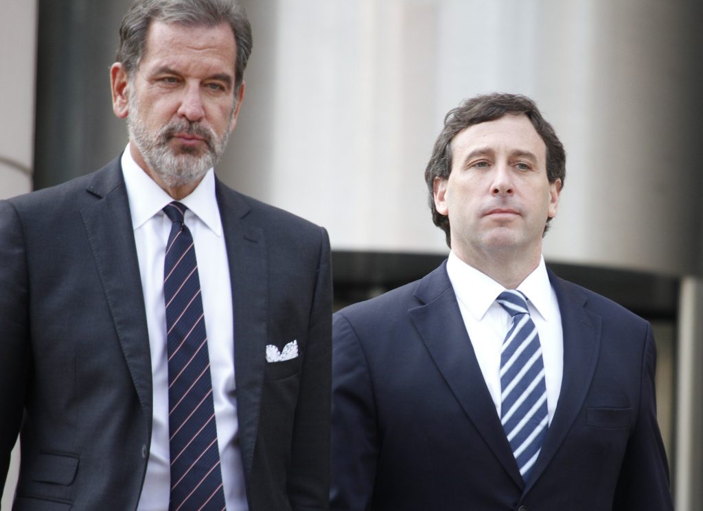 Steve Stenger, right, and his lawyer Scott Rosenblum leave the Thomas F. Eagleton Courthouse in downtown St. Louis following Stenger's sentencing Friday, Aug. 9. Stenger was sentenced to 46 months in prison and will report Sept. 21. Photo by Erin Achenbach. 