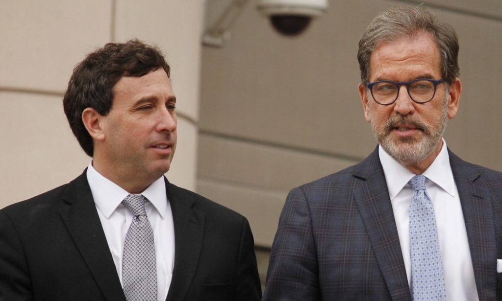 Former St. Louis County Executive Steve Stenger, left, and Stenger's lawyer, Scott Rosenblum, right, exit the Thomas F. Eagleton U.S. Courthouse Friday, May 3, after Stenger pleaded guilty to three counts of theft of honest services/bribery and mail fraud. A sentencing hearing will be held Aug. 9. Stenger faces to three to four years in federal prison. Photo by Erin Achenbach. 