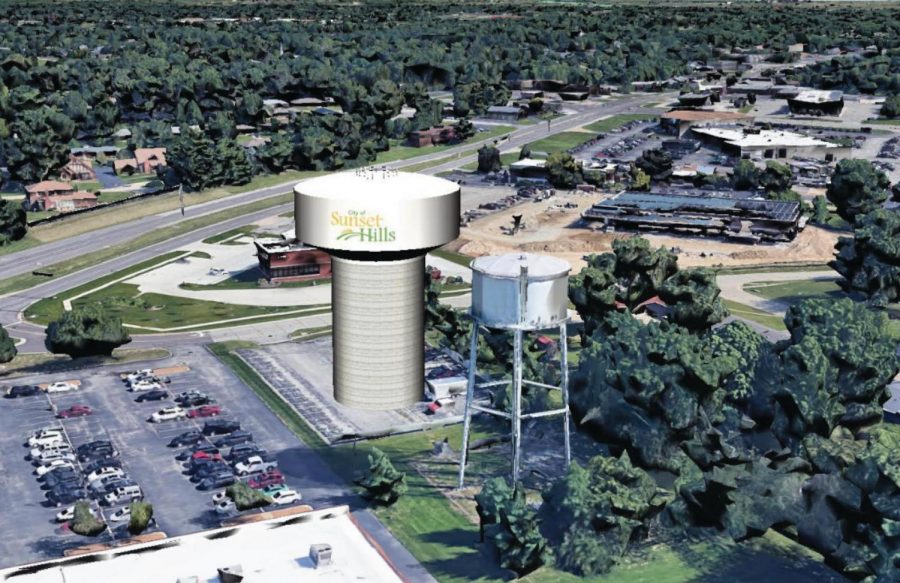 The proposed new larger water tower is shown in this rendering from Missouri American Water. The new tower with the city logo, left, is shown next to the existing smaller tower. The new tower will be 105 feet tall with an 82-foot diameter and hold 1.5 million gallons, compared to the current tower at 95 feet with a 60-foot diameter that holds 250,000 gallons. The parking lot shown to the left is for the Sunset Center shopping plaza, where Gallery of Beauty is located along Gravois Road.