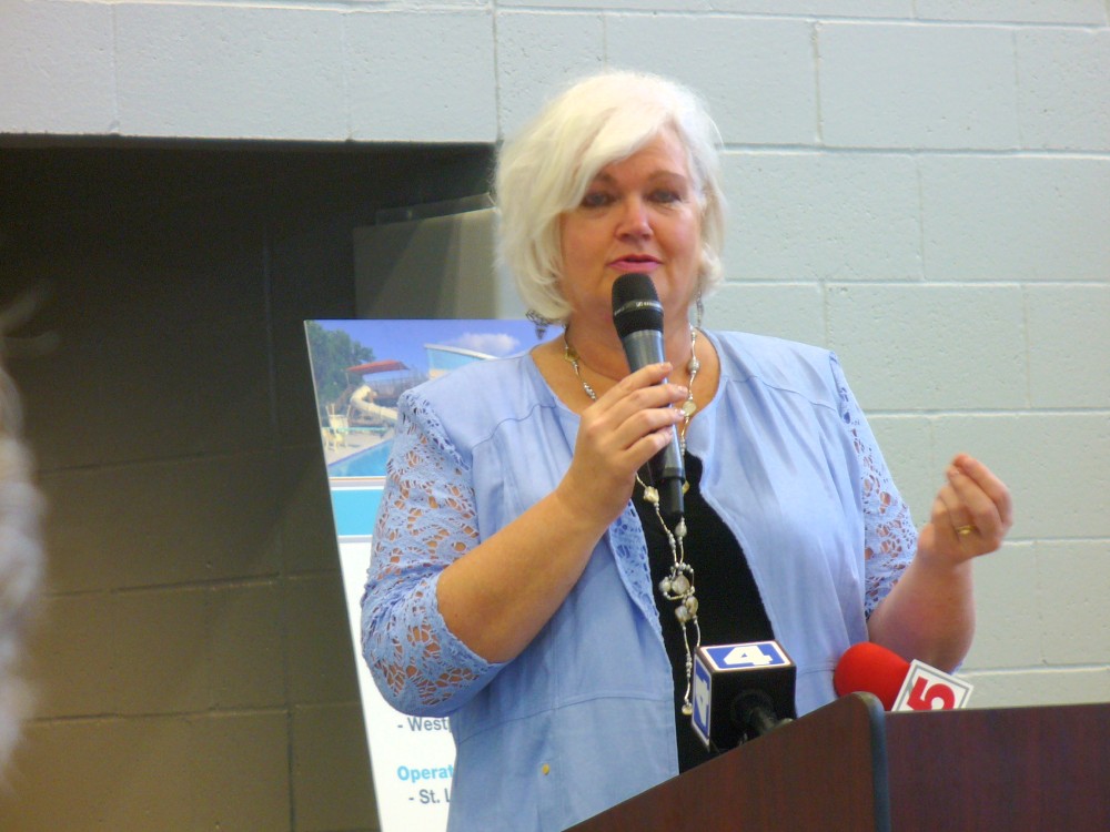 St. Louis Economic Development Partnership CEO Sheila Sweeney speaks at the June 16, 2015 ribbon-cutting ceremony of The Pavilion at Lemay, the recreation center and aquatic center that opened in Lemay with casino money.