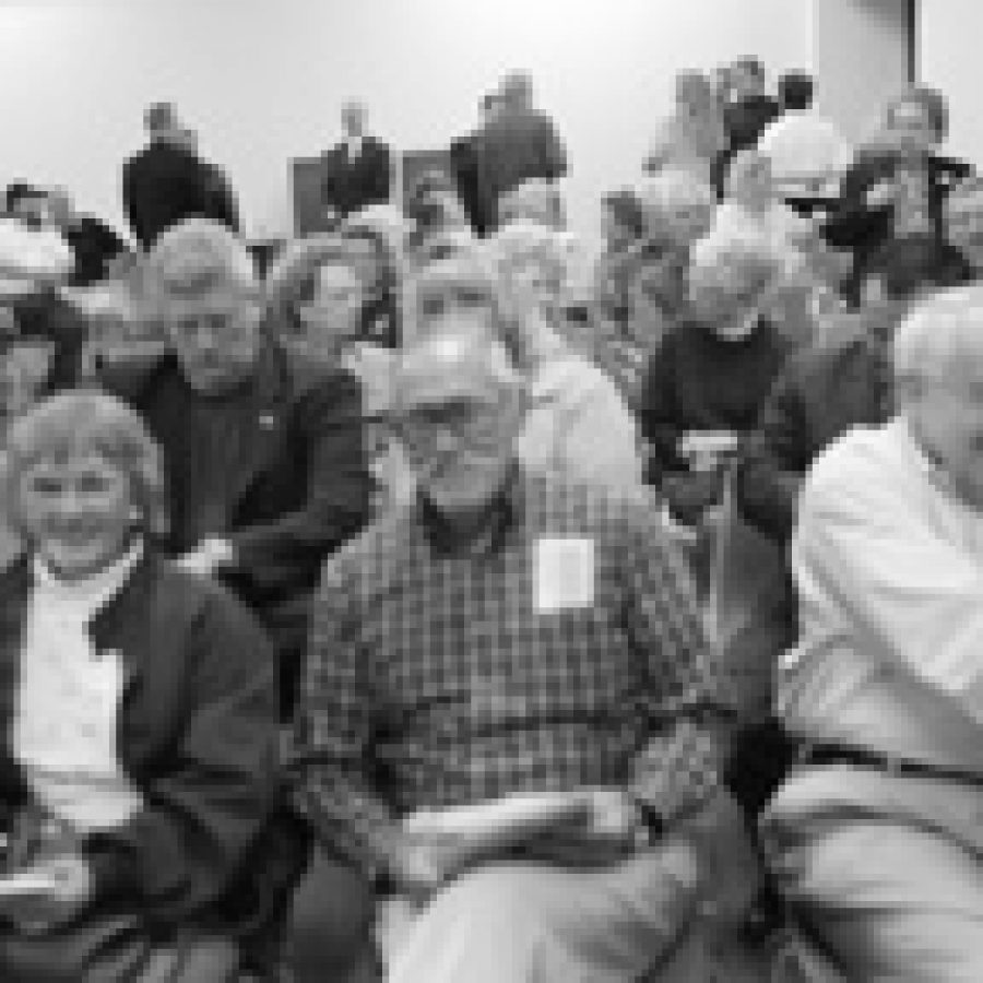 Bill Milligan photo
Residents Apr. 12 packed the Tesson Ferry Library to demand tax relief from local elected officials, but Democrats were no where to be found. Residents were on hand to support a 5% cap on property tax increases to seniors and a plan to include generic drugs in the states prescription plan for seniors.