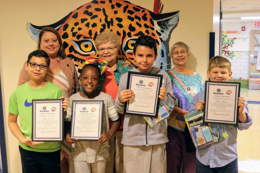 The Beasley Terrific Kids in October 2019. Pictured, from left, are: Front row: Chase Carroll, Brielle Grimes, Dzevad Subasic and Harper Wayne. Second row: Beasley Elementary Principal Andrea Deane, Kiwanian Pauline Roth and Kiwanian Carla Rowell.