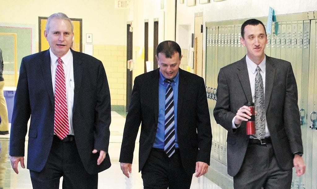 Incoming Lindbergh Superintendent Tony Lake, center, visits Lindbergh High School last week with current Superintendent Jim Simpson, left, and LHS Principal Eric Cochran. Lake will succeed Simpson, who is retiring June 30 after serving as superintendent for the past 10 years.