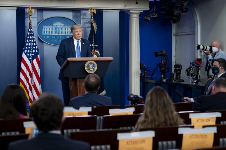 President Donald Trump is shown in July 2020 at his first White House coronavirus briefing in months. 