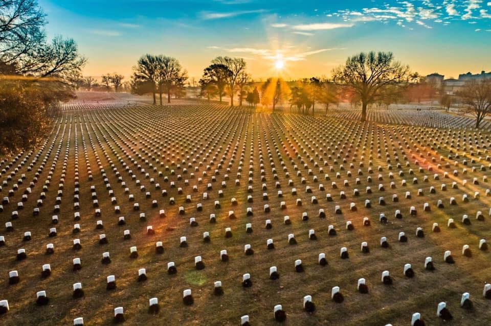 Decorated graves at Jefferson Barracks National Cemetery after Wreaths Across America in 2018.