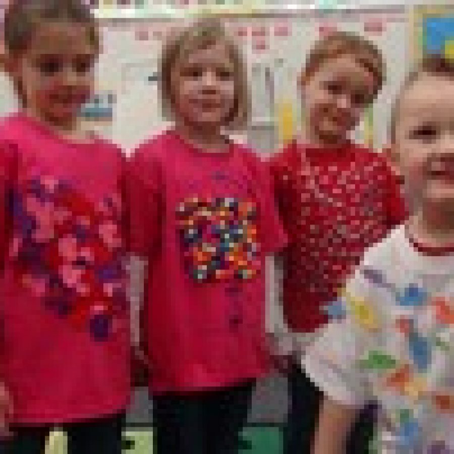 Rogers Elementary School kindergarten students celebrating the 100th day of school, from left, are: Ava Manasco, Sophie Lampe, Joseph Stegman, Declan Redwine and Finn Borchardt.
 