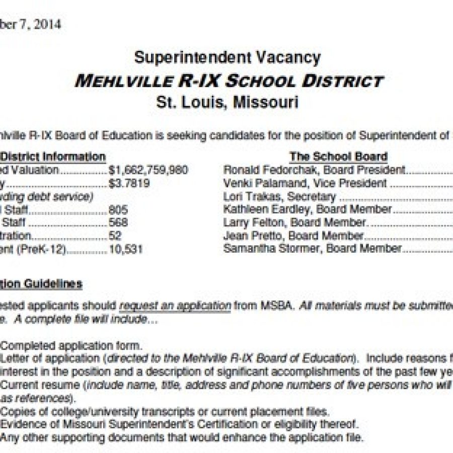 The job posting for the Mehlville superintendent vacancy is now live on the MSBA website.