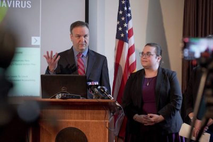 St. Louis County Executive Sam Page updates the public about COVID-19 (coronavirus) preparedness on Friday, Feb. 28, 2020. At right is Spring Schmidt, co-director of the Saint Louis County Department of Public Health.