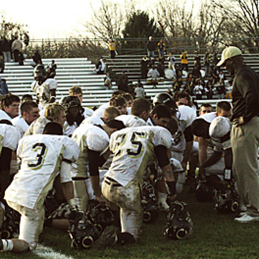 Oakville head coach Arlee Conners addresses his team after the Tigers loss to Hazelwood Central in the Missouri Class 6 football semifinal Saturday afternoon. Stephen Glover photo