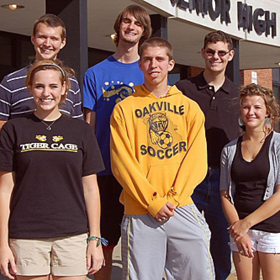 These six Oakville Senior High School students join seven recent graduates who have been recognized by the Advanced Placement Program for their outstanding scores on three or more AP exams. Pictured, front row, from left, are: Ellen Chopin, David Harton and Amy Meyer. Back row, from left, are: Daniel Stefanus, James Ballard and Kyle Hampton.