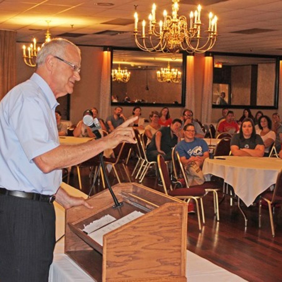 Outgoing Mehlville Superintendent Norm Ridder addresses the crowd at Andres South Banquet Center last week at the Mehlville-Oakville United Committees campaign kickoff for a tax-rate increase.