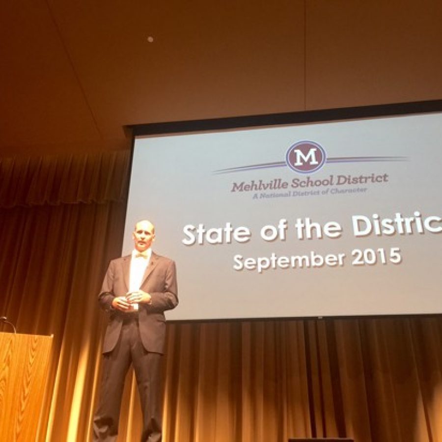 Mehlville Superintendent Chris Gaines presents a previous State of the District address in 2017 in the Nottelmann Auditorium.