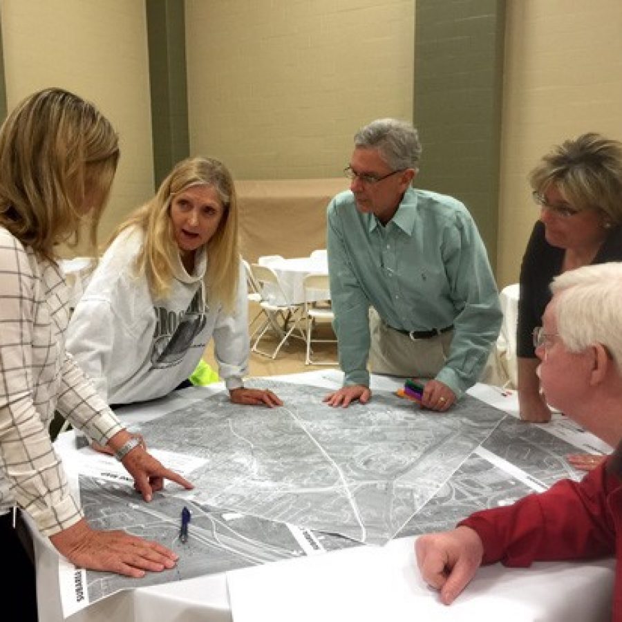 Residents mapped out what they wanted to see happen in Sunset HIlls at an April visioning workshop for the citys new comprehensive plan. Pictured from left are Ward 4 Alderman Pat Fribis, Ward 3 resident Anne Jesse, acting board President Tom Musich and former Ward 1 Alderman Frank Hardy.