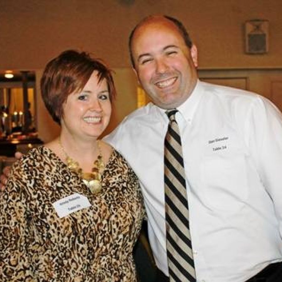 Point Elementary Principal Dan Gieseler, right, with Bierbaum Elementary Principal Kristy Robert, left, at the districts annual Recognition Night earlier this year.