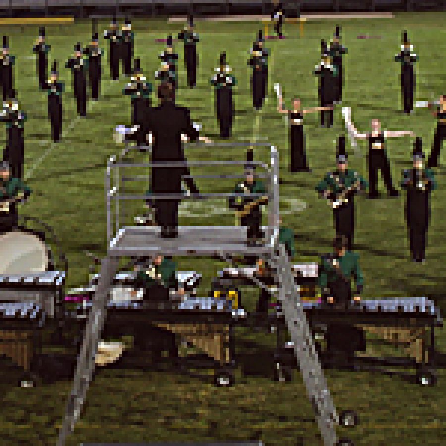 Lindbergh High Schools Spirit of St. Louis Marching Band performs last Friday evening at Flyers Stadium as part of Pasadena Nights, a gala featuring Tournament of Roses Parade President Jeffrey L. Throop. William Cooke photo