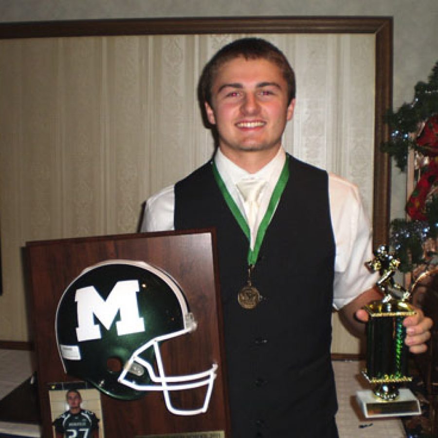 Mehlville Senior High School running back and linebacker Brandon Zufall is the 2011 winner of the Mark DeWalle Courageous Heart Medal Award.