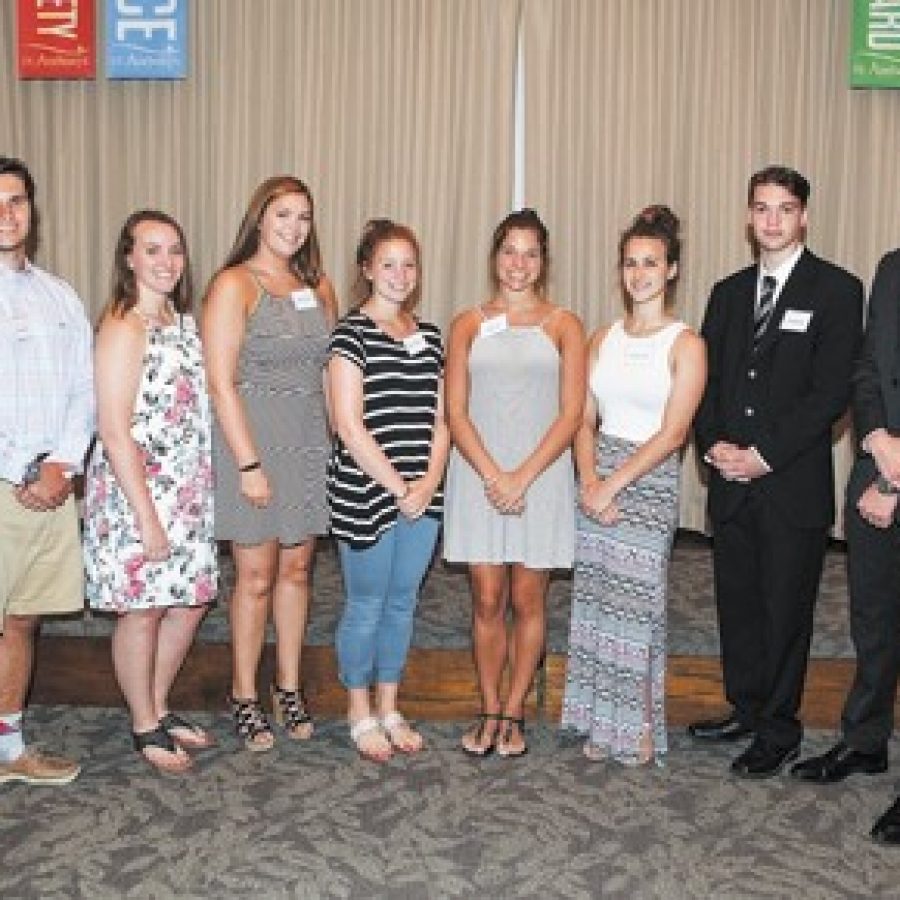 Local students receiving scholarships, from left, are: Michael Cule of south county, Claire Ford of south county, Andrea and Megan Huelsing of south St. Louis, Jennie Lupo of south county, Margaret Hood of Crestwood, Shane Bodimer of south county and Devin Jost of south county. Not pictured are Abigail Nelson and Elijah Miranda, both of south county.