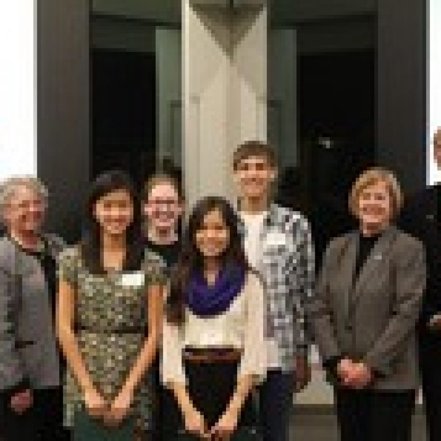 Lindbergh Schools Board of Education President Vic Lenz and state Rep. Cloria Brown, left, in addition to state Rep. Jeanne Kirkton and Superintendent Jim Simpson, right, congratulate Lindbergh High Schools 2013 National Merit Semifinalists, from left,  Rebecca Bavlsik, Tiffany Lee, RJ Mohr, Vidhan Srivastava, Ananya Benegal and Allison Mather. 