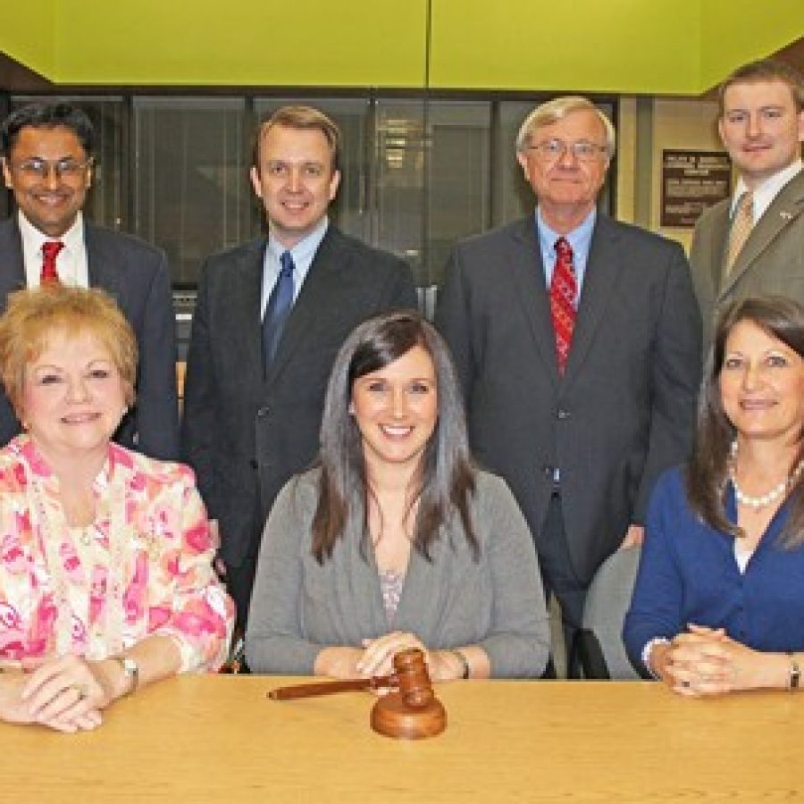 The Mehlville Board of Education elected new officers last week. Pictured, front row, from left, are: Vice President Jean Pretto, President Samantha Stormer and Secretary Lisa Dorsey. Board members, back row, from left, are: Venki Palamand, Kevin Schartner, Larry Felton and Jamey Murphy.