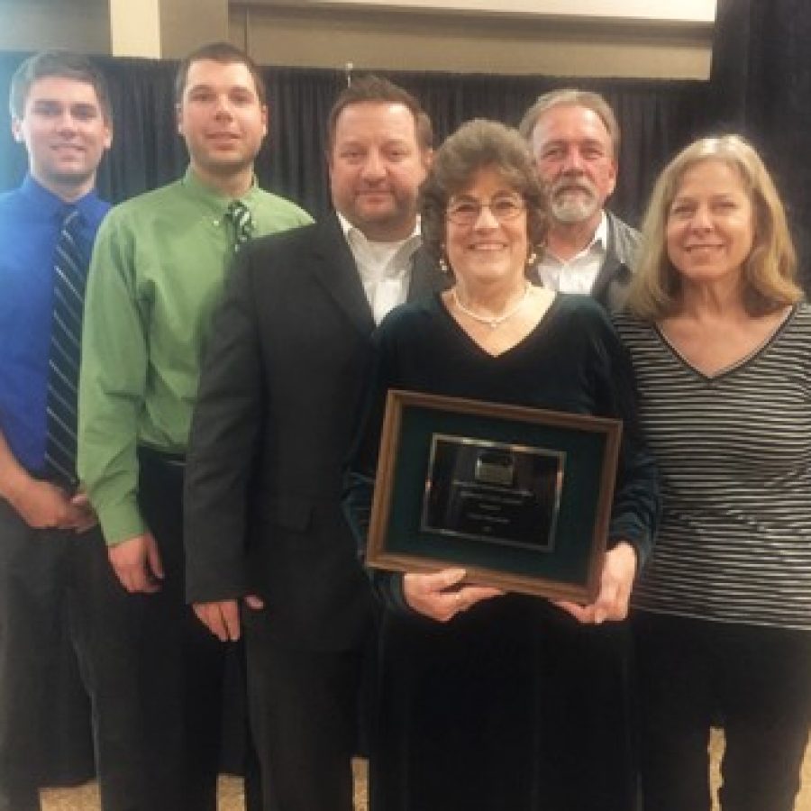 Evelyn Westerhold recently was presented the Support Staff Award by the Missouri Park and Recreation Association. She is pictured with, from left, Ryan Taylor, Jordan Nichols, Director of Parks and Recreation Gerald Brown and Herb and Judy Pyne.