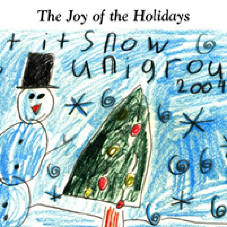 This snowy scene drawn by Oakville second-grader Cat Akley, 7, recently was chosen as UniGroup, Inc.s official holiday card. The card is primarily blue with the green tree decorated with red and yellow ornaments.
