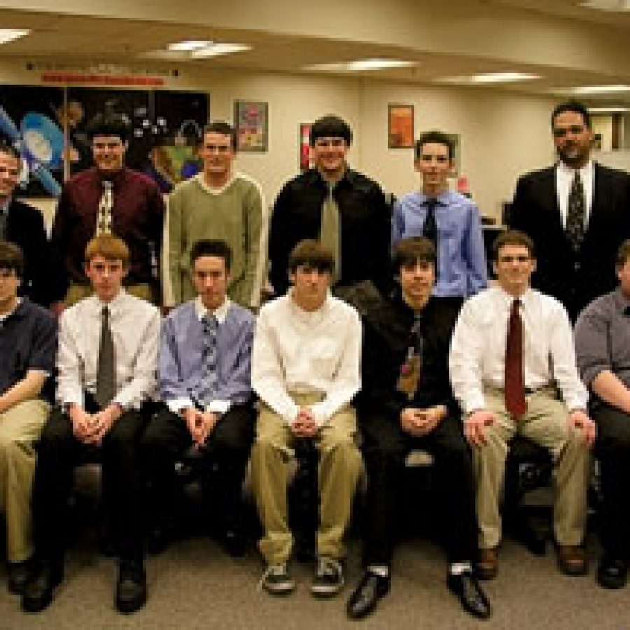 Members of the Oakville High A+ Computer Repair class who successfully completed the CompTIA A+ certification exam, front row, from left, are: Alex Reyland, Drew Welker, Mike Seim, Bryan Radman, Barclay Lewis, Thomas Demsko and Nick Moll. Back row, from left, are: Mark Young, Chris Gerber, Brian Mumm, Mike Anderson, Erich Altenhofer and teacher Tracy Gibson.