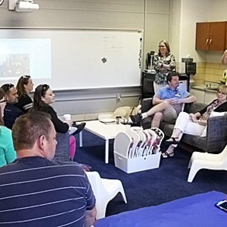 The Innovative Technology Education Fund recently sponsored a professional development event for area educators in Long Elementarys new classroom. During the program, educators toured Longs sensory room, learned tips from classroom design consultant Rebecca Hare, co-author of \The Space: a Guide for Educators,\ right, standing, and heard from school counselor Kim Maddock, left, standing, how the space will benefit Long students.