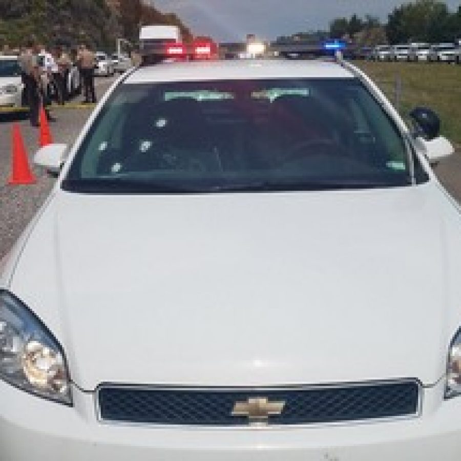 The St. Louis County Police Department tweeted a picture of one of its bullet-ridden police cars, above, after a shootout along Interstate 55 in Jefferson County Monday. 