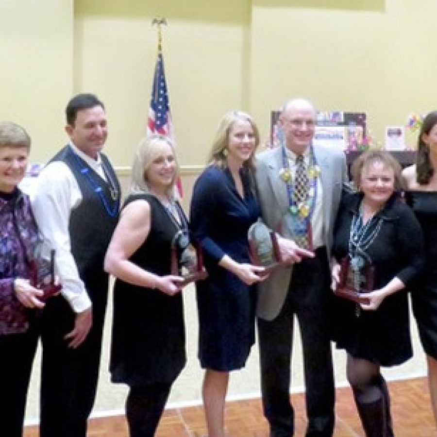 The 2016 recipients of the Crestwood-Sunset Hills Chamber awards line up after accepting their honors at the chambers Feb. 18 gala. Pictured from left are: Sarah Greenwald, Nancy Benson, Jay and Susan Trevisano, Dr. Holly Ellis, Randall Higgins, Ward 1 Alderman Dee Baebler on behalf of Mellow Mushroom, Christine Cipolla and Midge Krueger.