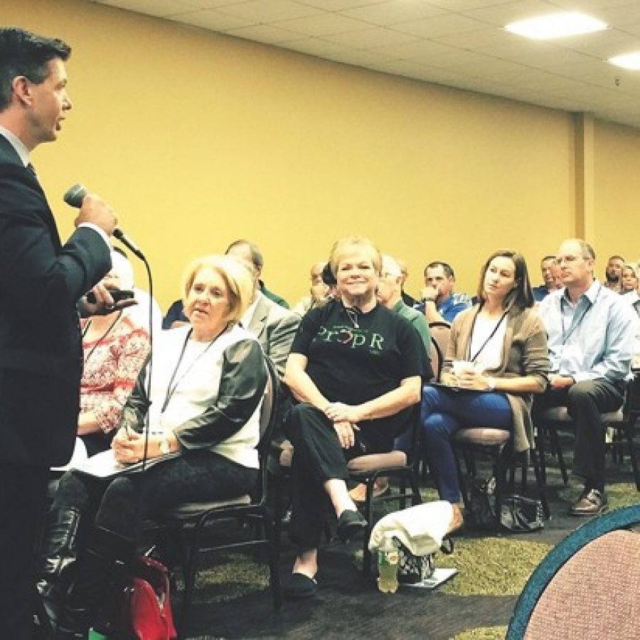 Mehlville Deputy Superintendent Brian Lane, above, and Board of Education member Kevin Schartner kicked off the Missouri School Boards Association, or MSBA, annual conference in October by outlining to school board members from across the state the Mehlville Miracle, or how Mehlville scored its shocking victory for Proposition R in November 2015. Also pictured are Mehlville board Vice President Jean Pretto and Lindbergh board member Jennifer Miller, right.